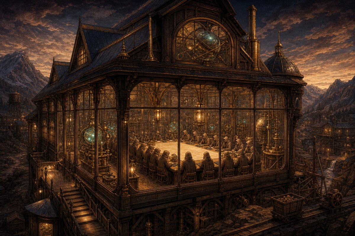 The Calculating House: many identical hooded agents at one long table studying the same map.