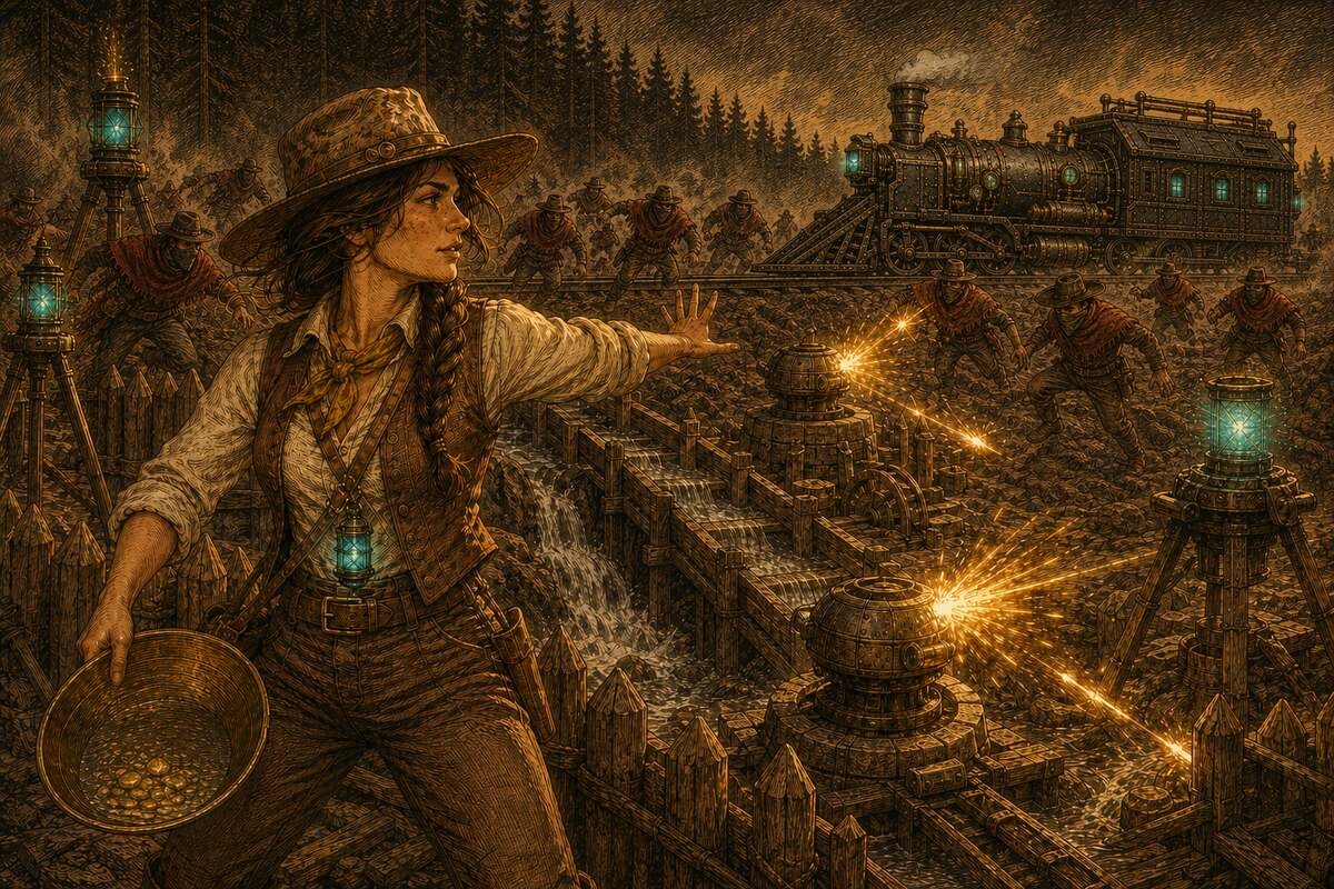 The heroine directs her turret defenses as a wave of outlaws and machines closes in at dusk.
