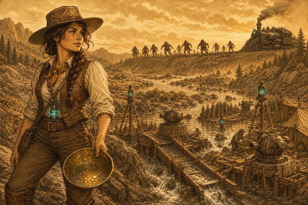 A prospector on a river gold-claim at golden hour, ringed by brass sentry-beacons with teal lanterns, as crude machines mass on the far ridge.